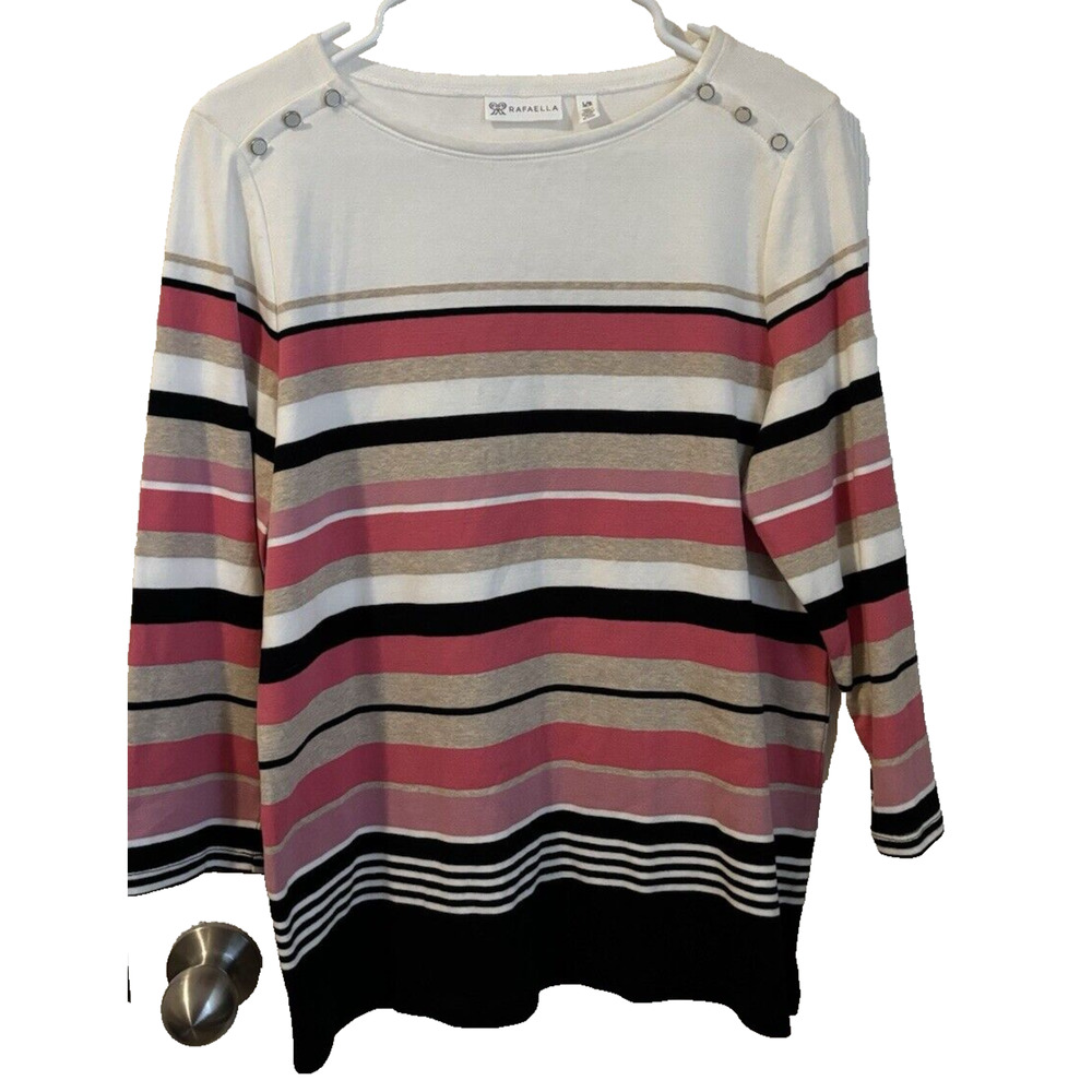 Rafaella 3/4 Sleeve Size Large Striped, Button Shoulder Top Size Large Soft